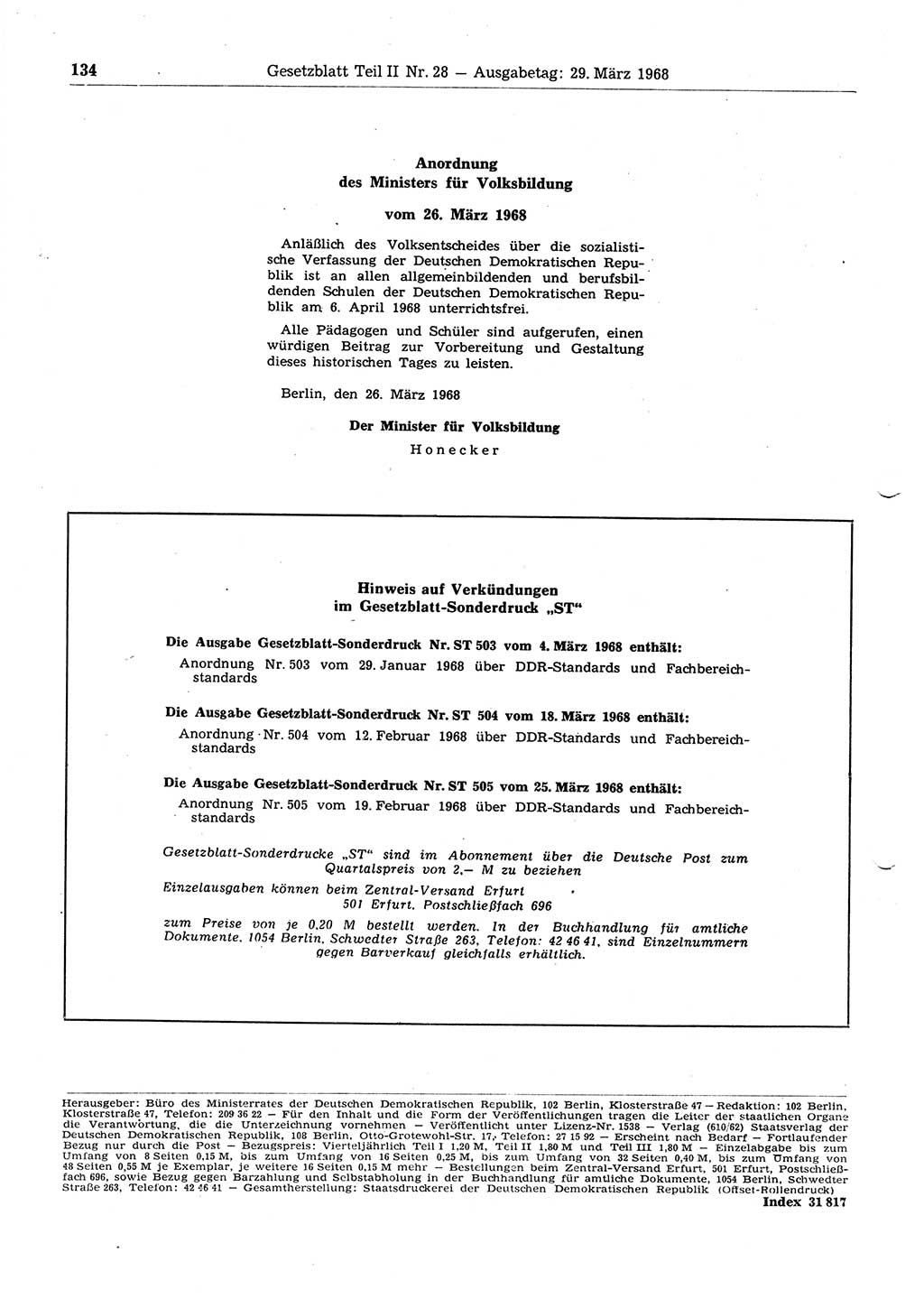 Gesetzblatt (GBl.) der Deutschen Demokratischen Republik (DDR) Teil ⅠⅠ 1968, Seite 134 (GBl. DDR ⅠⅠ 1968, S. 134)
