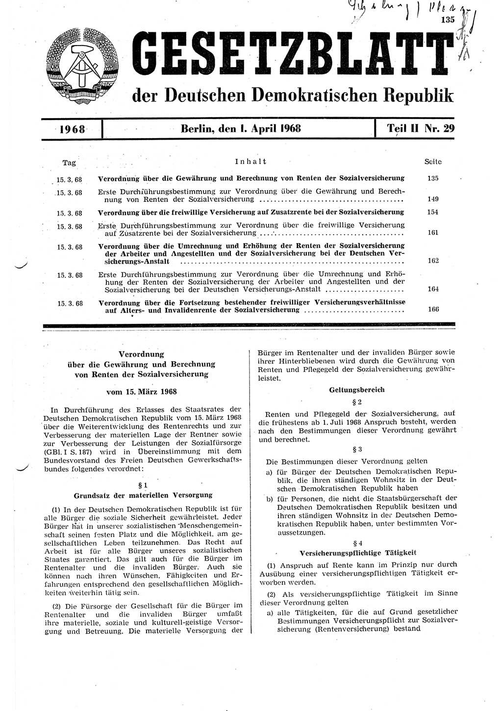 Gesetzblatt (GBl.) der Deutschen Demokratischen Republik (DDR) Teil ⅠⅠ 1968, Seite 135 (GBl. DDR ⅠⅠ 1968, S. 135)