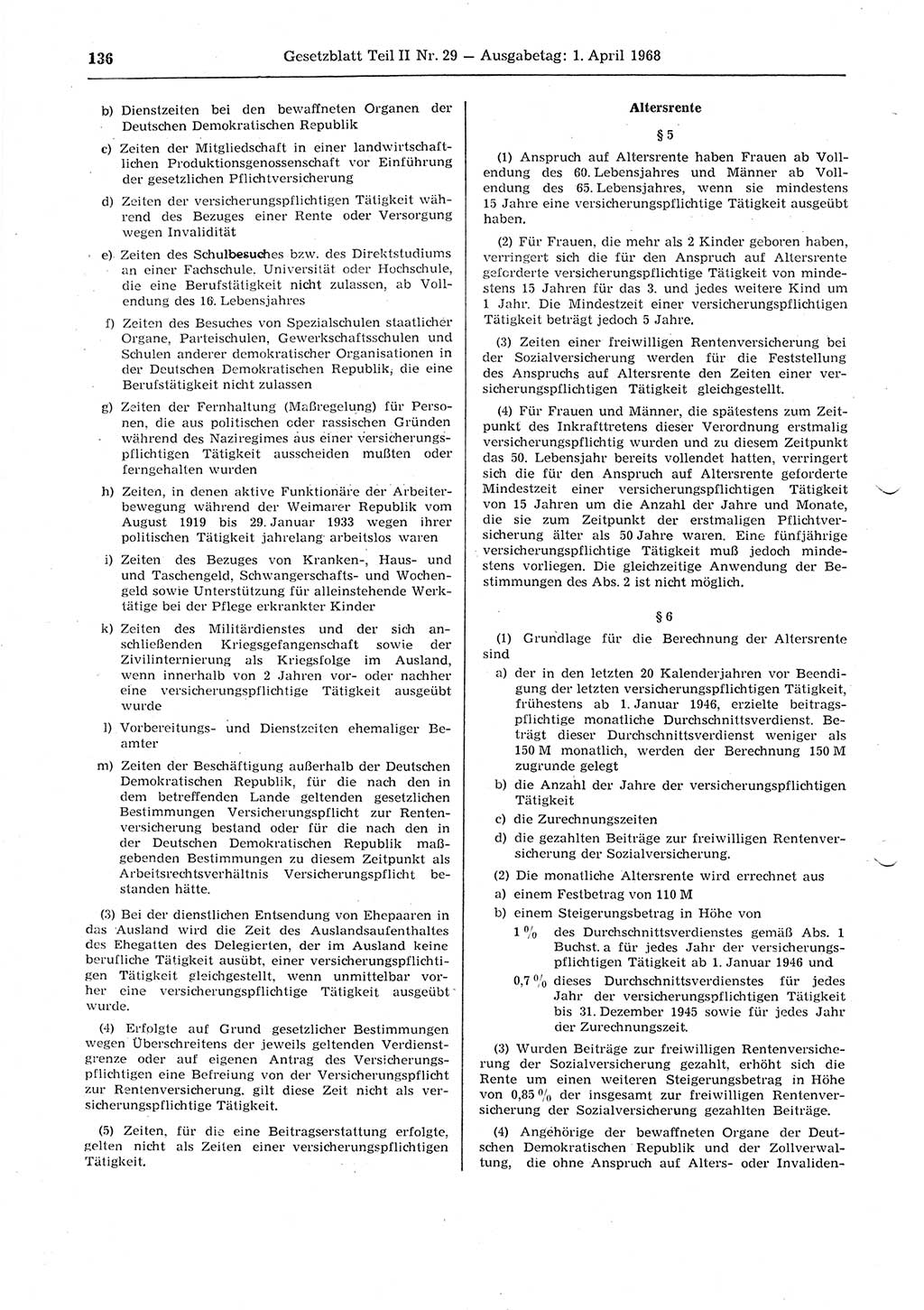 Gesetzblatt (GBl.) der Deutschen Demokratischen Republik (DDR) Teil ⅠⅠ 1968, Seite 136 (GBl. DDR ⅠⅠ 1968, S. 136)