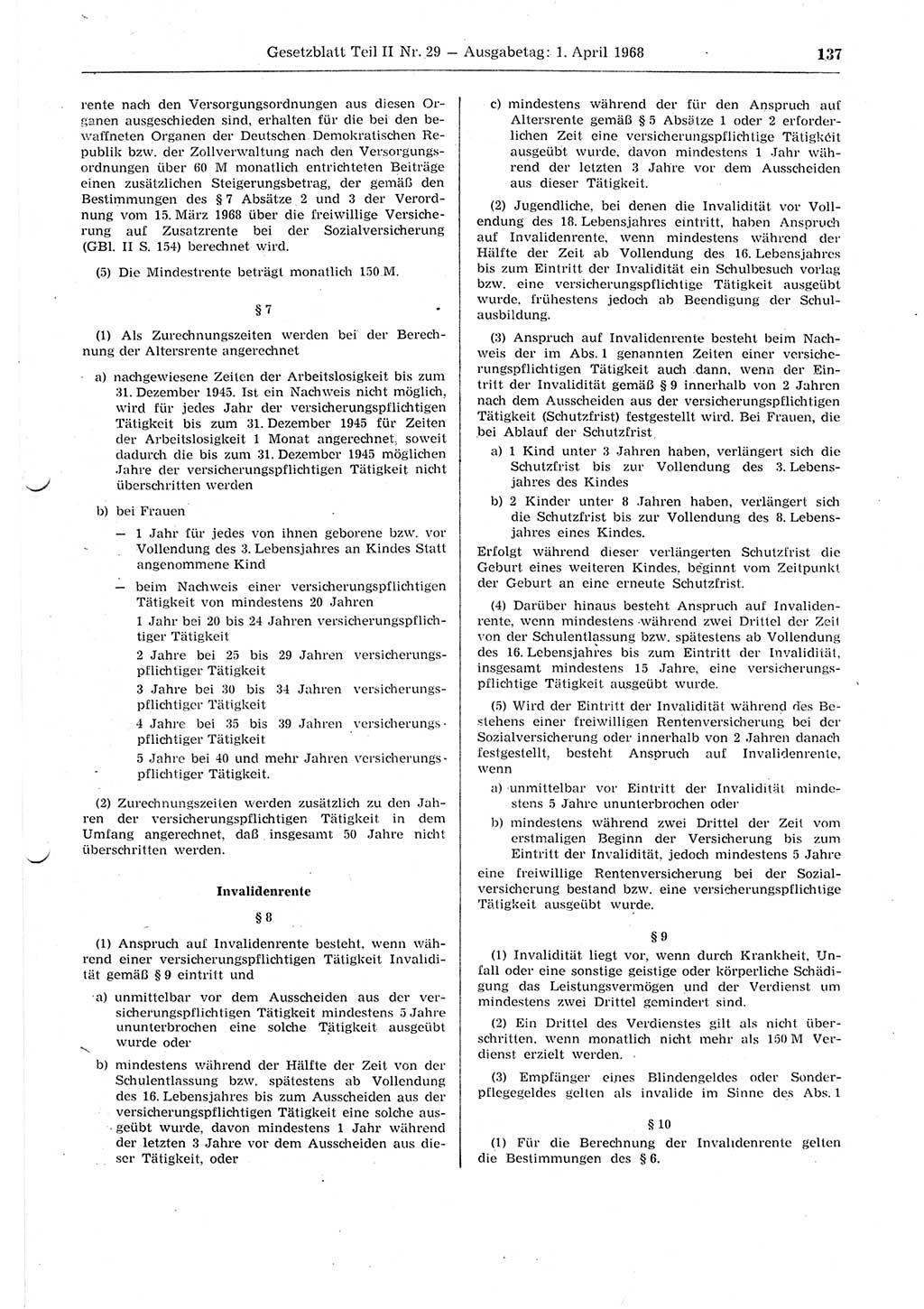 Gesetzblatt (GBl.) der Deutschen Demokratischen Republik (DDR) Teil ⅠⅠ 1968, Seite 137 (GBl. DDR ⅠⅠ 1968, S. 137)