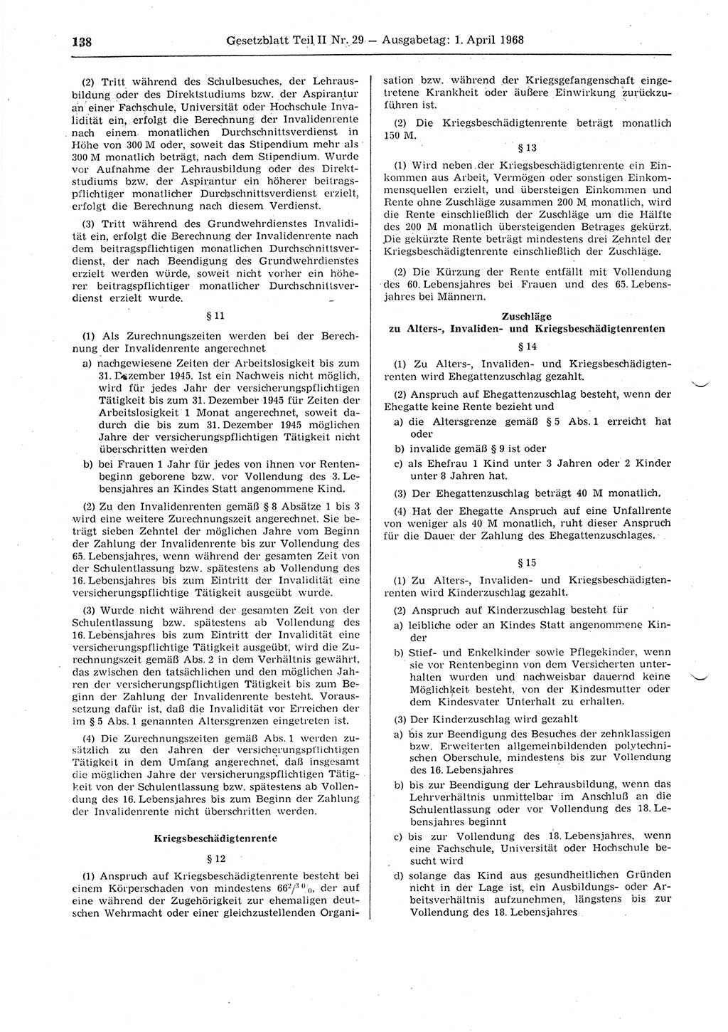 Gesetzblatt (GBl.) der Deutschen Demokratischen Republik (DDR) Teil ⅠⅠ 1968, Seite 138 (GBl. DDR ⅠⅠ 1968, S. 138)