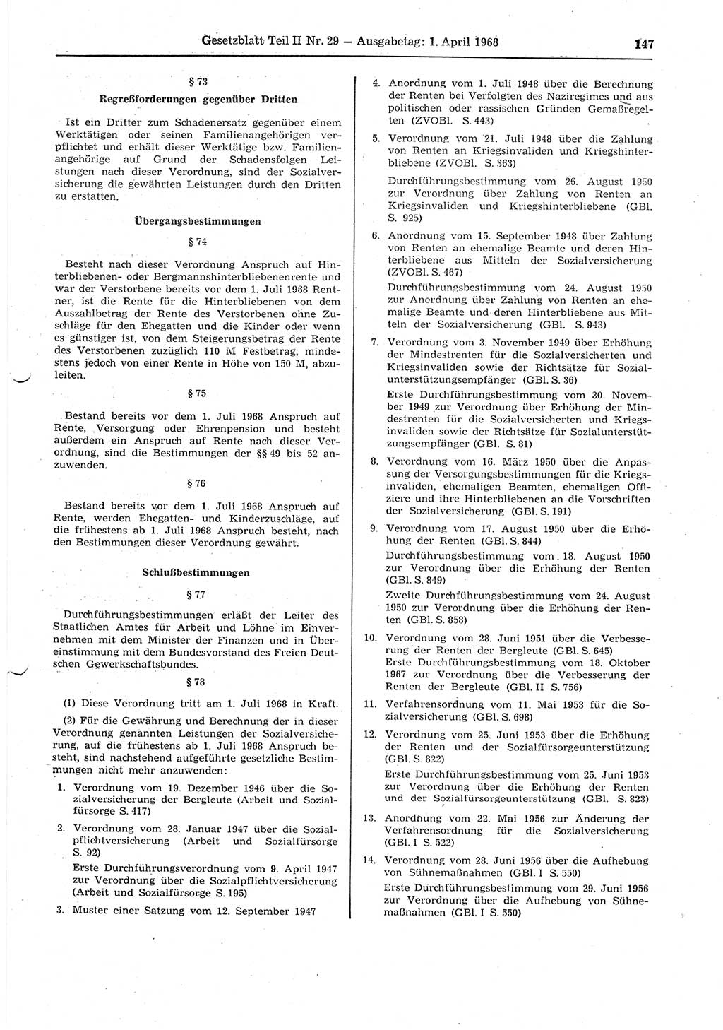 Gesetzblatt (GBl.) der Deutschen Demokratischen Republik (DDR) Teil ⅠⅠ 1968, Seite 147 (GBl. DDR ⅠⅠ 1968, S. 147)