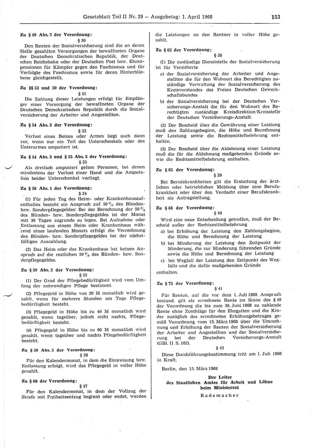 Gesetzblatt (GBl.) der Deutschen Demokratischen Republik (DDR) Teil ⅠⅠ 1968, Seite 153 (GBl. DDR ⅠⅠ 1968, S. 153)