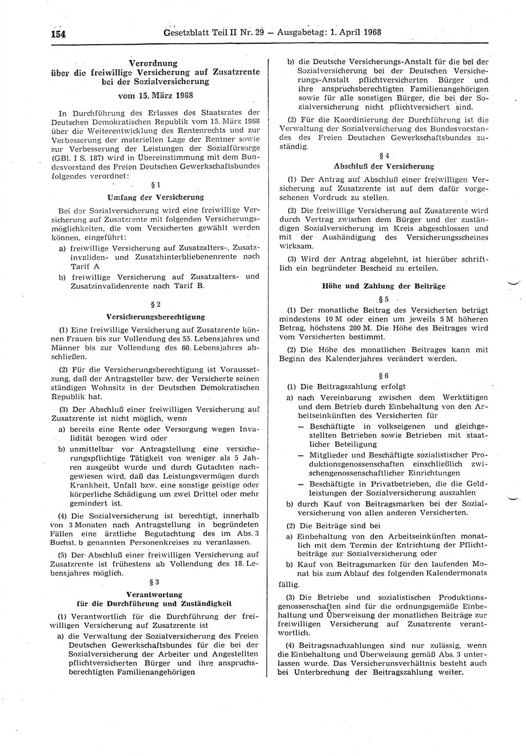 Gesetzblatt (GBl.) der Deutschen Demokratischen Republik (DDR) Teil ⅠⅠ 1968, Seite 154 (GBl. DDR ⅠⅠ 1968, S. 154)