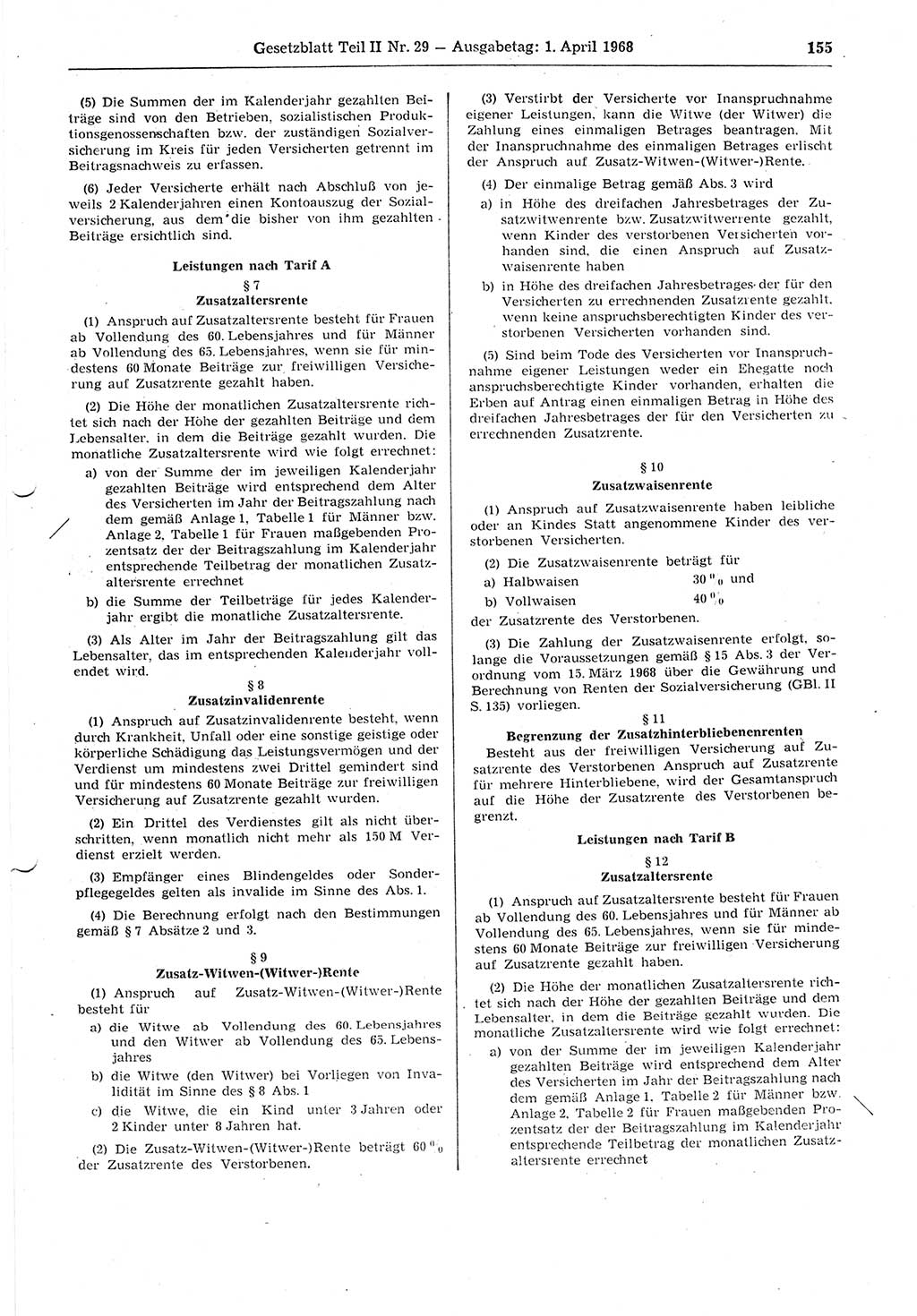 Gesetzblatt (GBl.) der Deutschen Demokratischen Republik (DDR) Teil ⅠⅠ 1968, Seite 155 (GBl. DDR ⅠⅠ 1968, S. 155)