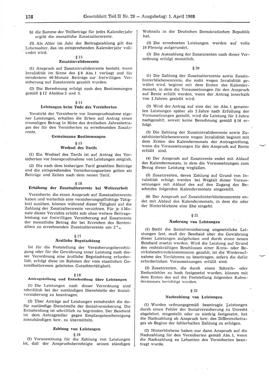 Gesetzblatt (GBl.) der Deutschen Demokratischen Republik (DDR) Teil ⅠⅠ 1968, Seite 156 (GBl. DDR ⅠⅠ 1968, S. 156)