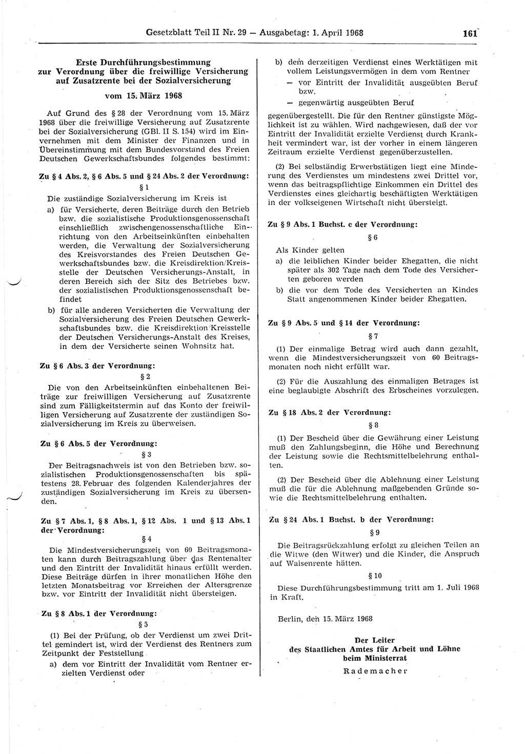 Gesetzblatt (GBl.) der Deutschen Demokratischen Republik (DDR) Teil ⅠⅠ 1968, Seite 161 (GBl. DDR ⅠⅠ 1968, S. 161)