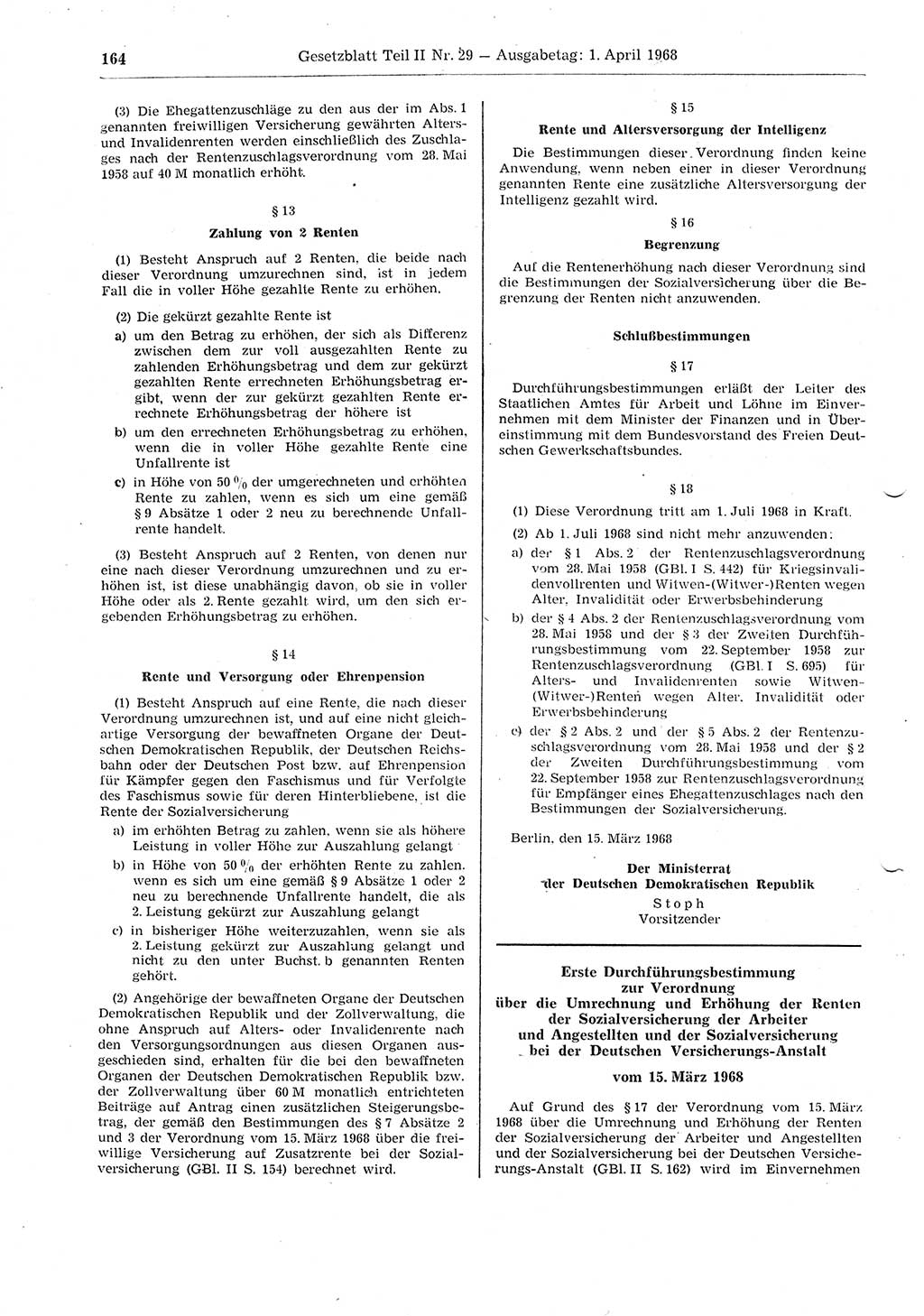 Gesetzblatt (GBl.) der Deutschen Demokratischen Republik (DDR) Teil ⅠⅠ 1968, Seite 164 (GBl. DDR ⅠⅠ 1968, S. 164)