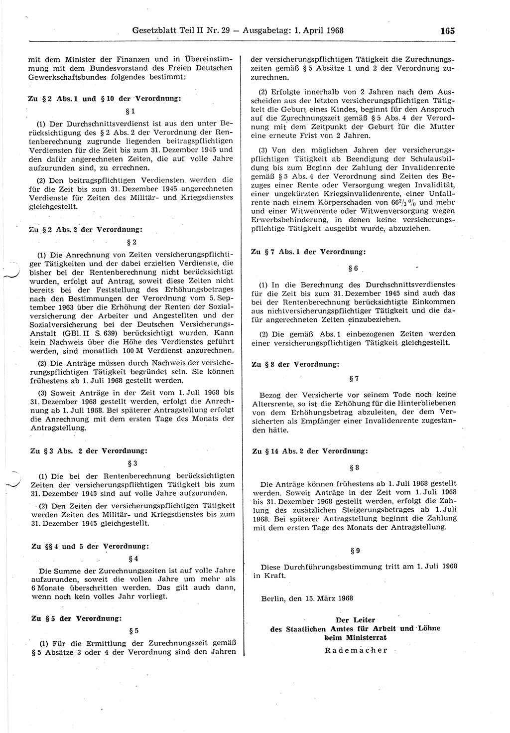 Gesetzblatt (GBl.) der Deutschen Demokratischen Republik (DDR) Teil ⅠⅠ 1968, Seite 165 (GBl. DDR ⅠⅠ 1968, S. 165)