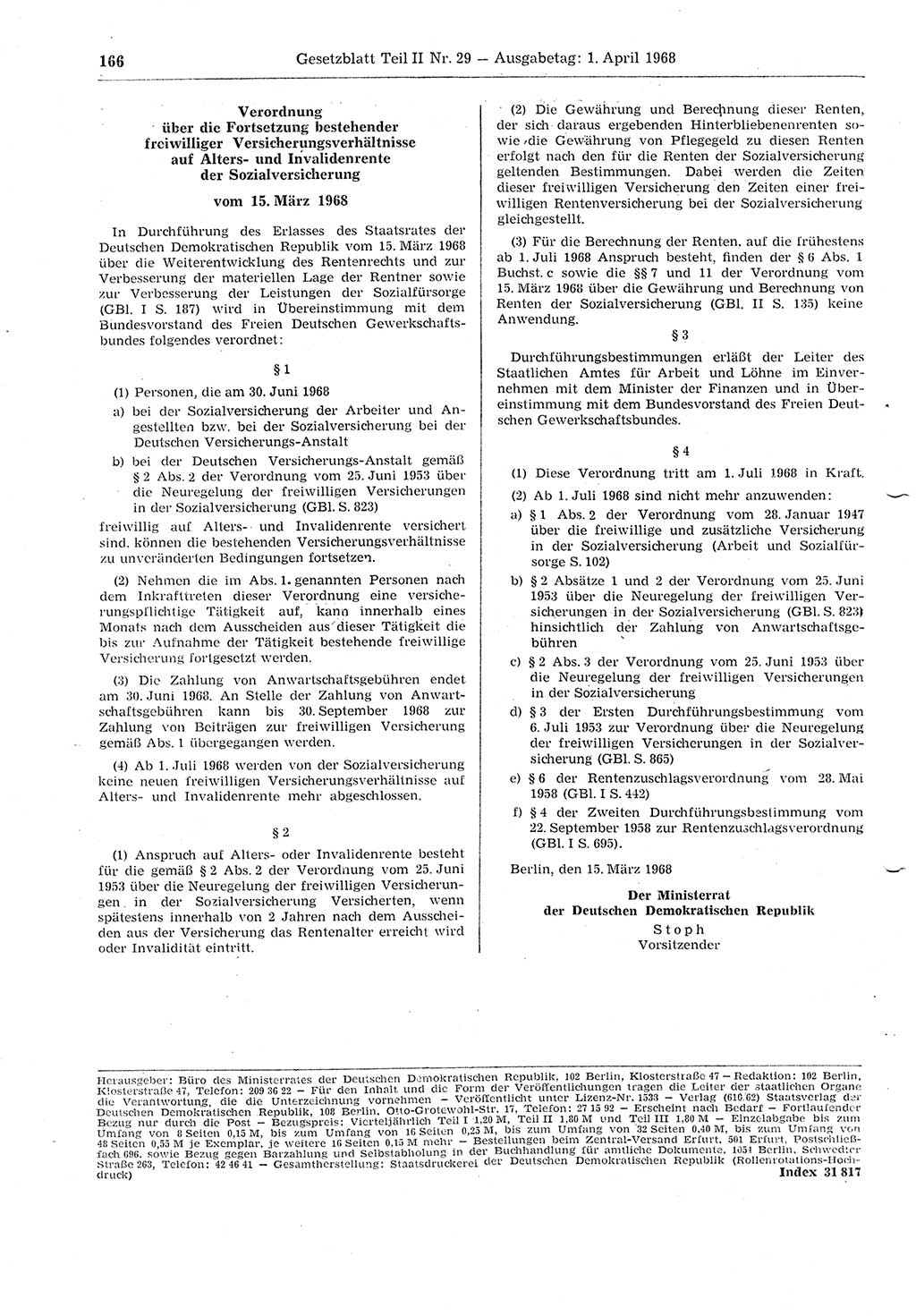 Gesetzblatt (GBl.) der Deutschen Demokratischen Republik (DDR) Teil ⅠⅠ 1968, Seite 166 (GBl. DDR ⅠⅠ 1968, S. 166)