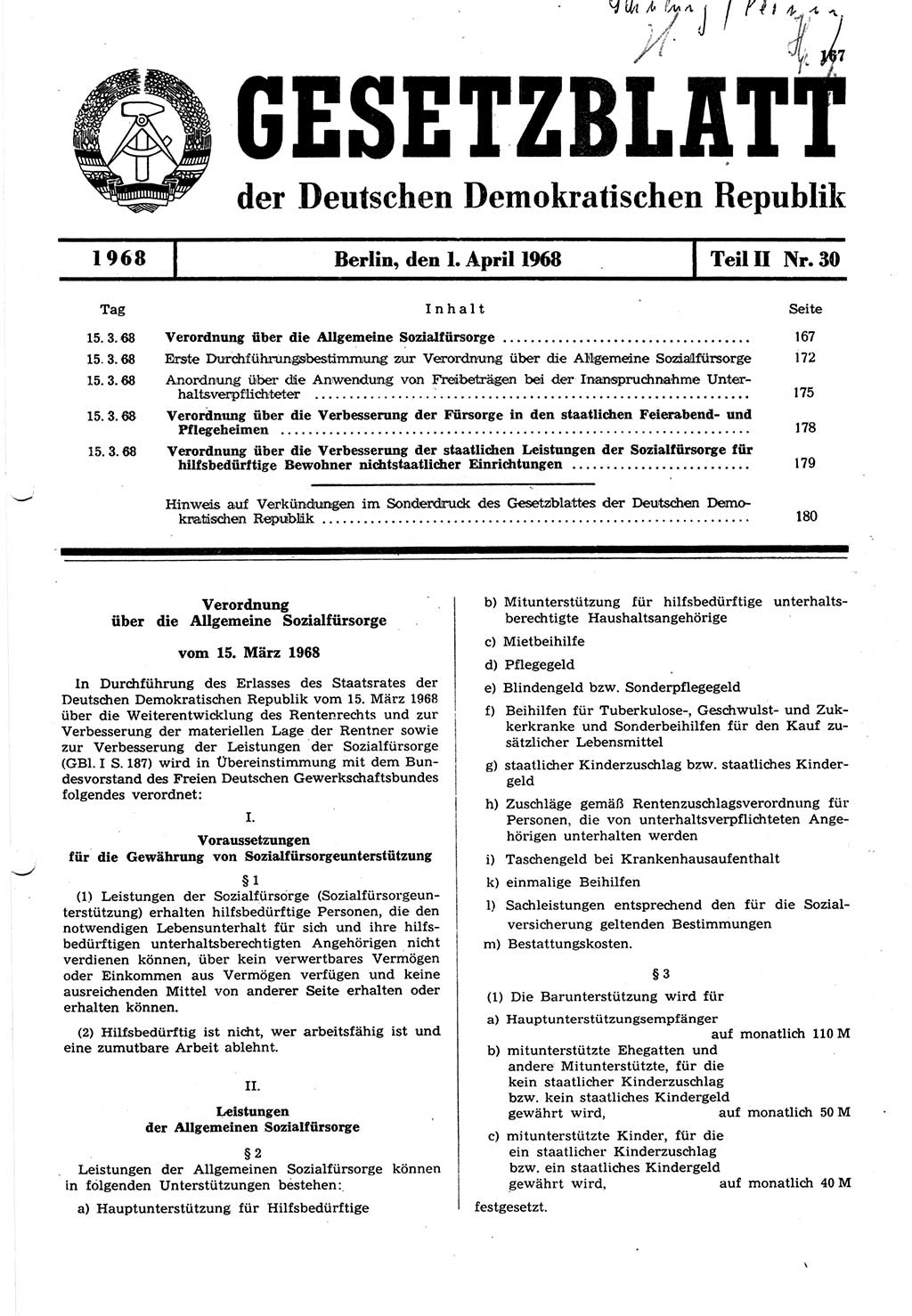 Gesetzblatt (GBl.) der Deutschen Demokratischen Republik (DDR) Teil ⅠⅠ 1968, Seite 167 (GBl. DDR ⅠⅠ 1968, S. 167)