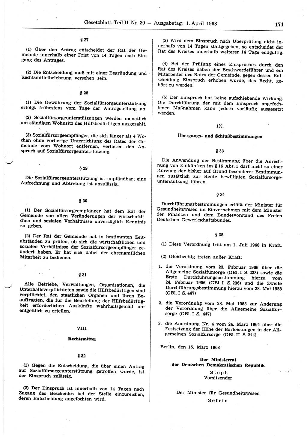 Gesetzblatt (GBl.) der Deutschen Demokratischen Republik (DDR) Teil ⅠⅠ 1968, Seite 171 (GBl. DDR ⅠⅠ 1968, S. 171)