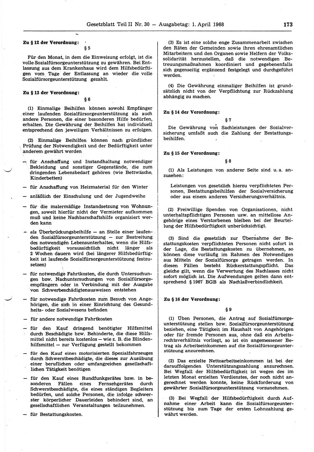 Gesetzblatt (GBl.) der Deutschen Demokratischen Republik (DDR) Teil ⅠⅠ 1968, Seite 173 (GBl. DDR ⅠⅠ 1968, S. 173)