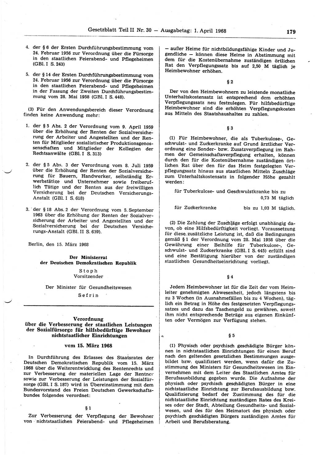 Gesetzblatt (GBl.) der Deutschen Demokratischen Republik (DDR) Teil ⅠⅠ 1968, Seite 179 (GBl. DDR ⅠⅠ 1968, S. 179)