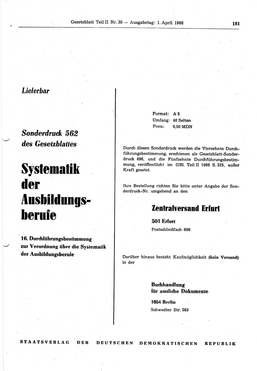 Gesetzblatt (GBl.) der Deutschen Demokratischen Republik (DDR) Teil ⅠⅠ 1968, Seite 181 (GBl. DDR ⅠⅠ 1968, S. 181)