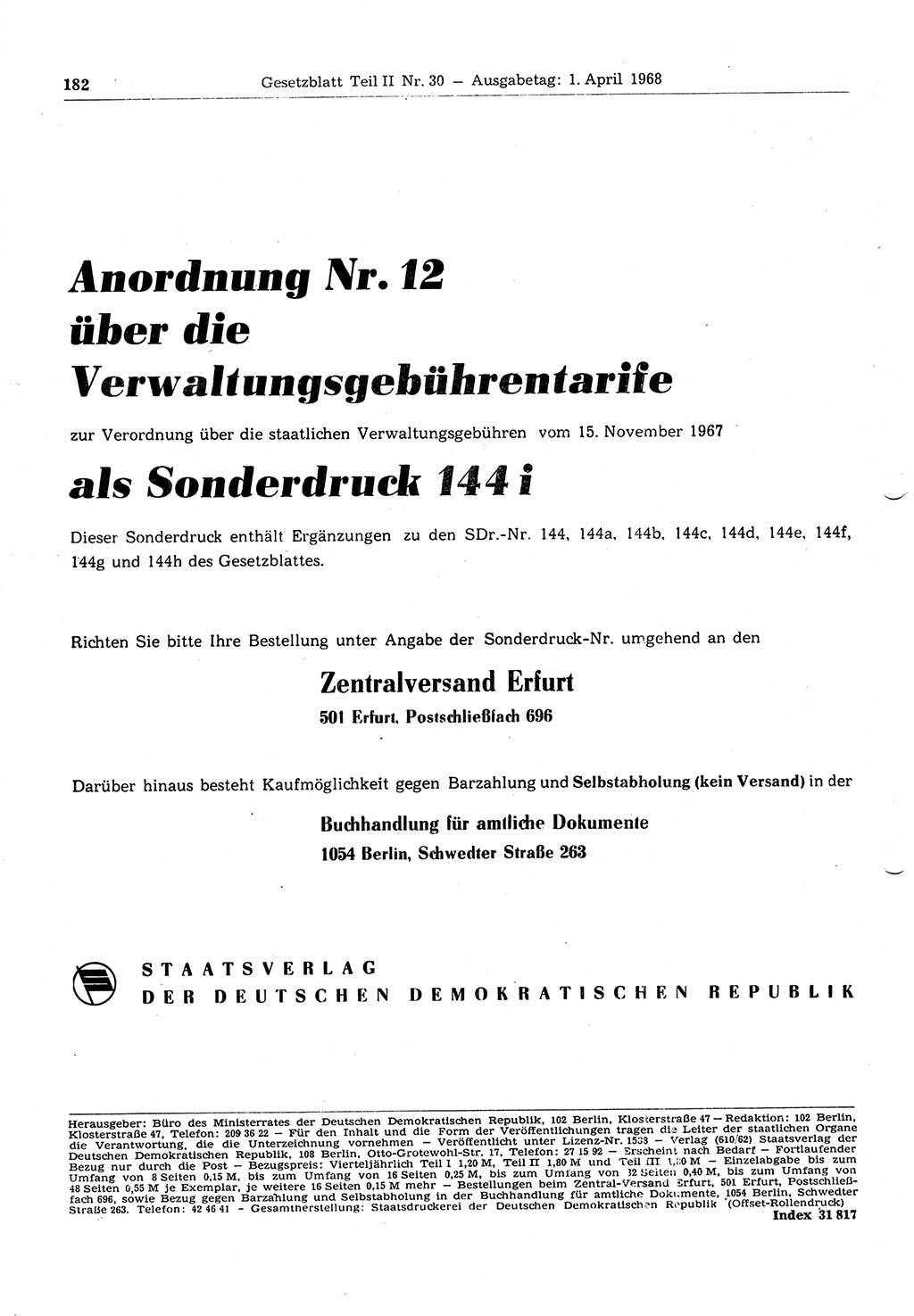 Gesetzblatt (GBl.) der Deutschen Demokratischen Republik (DDR) Teil ⅠⅠ 1968, Seite 182 (GBl. DDR ⅠⅠ 1968, S. 182)