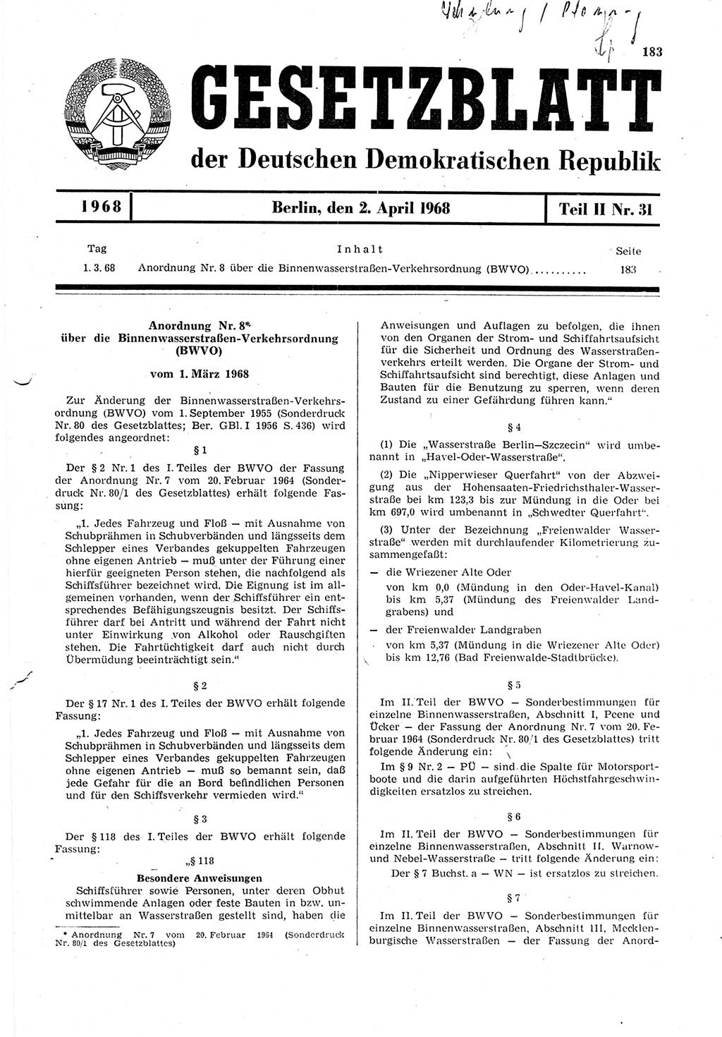 Gesetzblatt (GBl.) der Deutschen Demokratischen Republik (DDR) Teil ⅠⅠ 1968, Seite 183 (GBl. DDR ⅠⅠ 1968, S. 183)