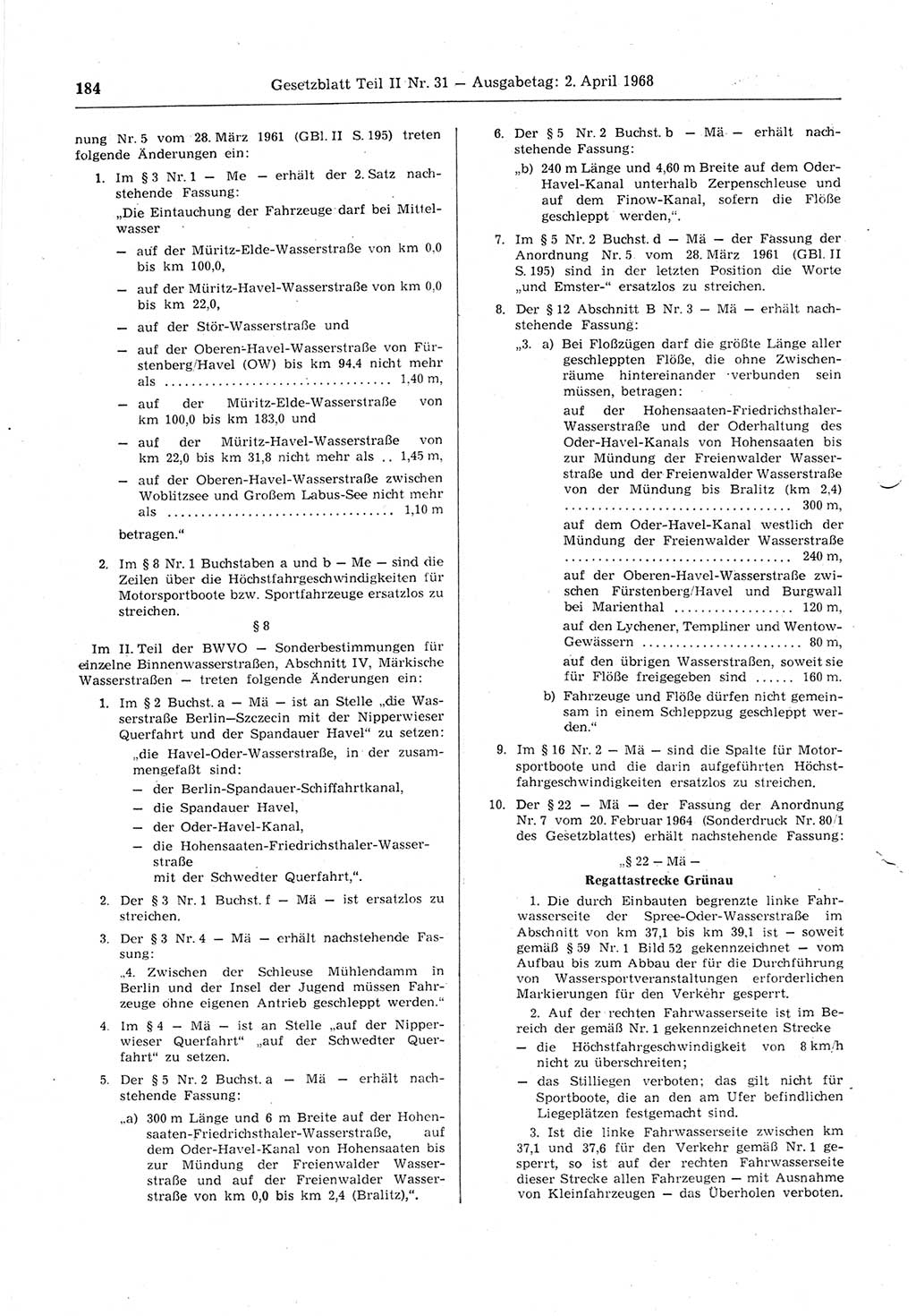 Gesetzblatt (GBl.) der Deutschen Demokratischen Republik (DDR) Teil ⅠⅠ 1968, Seite 184 (GBl. DDR ⅠⅠ 1968, S. 184)