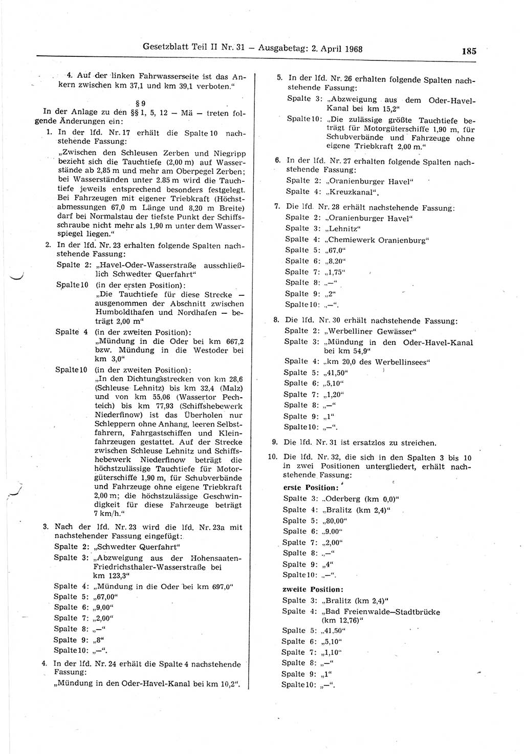 Gesetzblatt (GBl.) der Deutschen Demokratischen Republik (DDR) Teil ⅠⅠ 1968, Seite 185 (GBl. DDR ⅠⅠ 1968, S. 185)