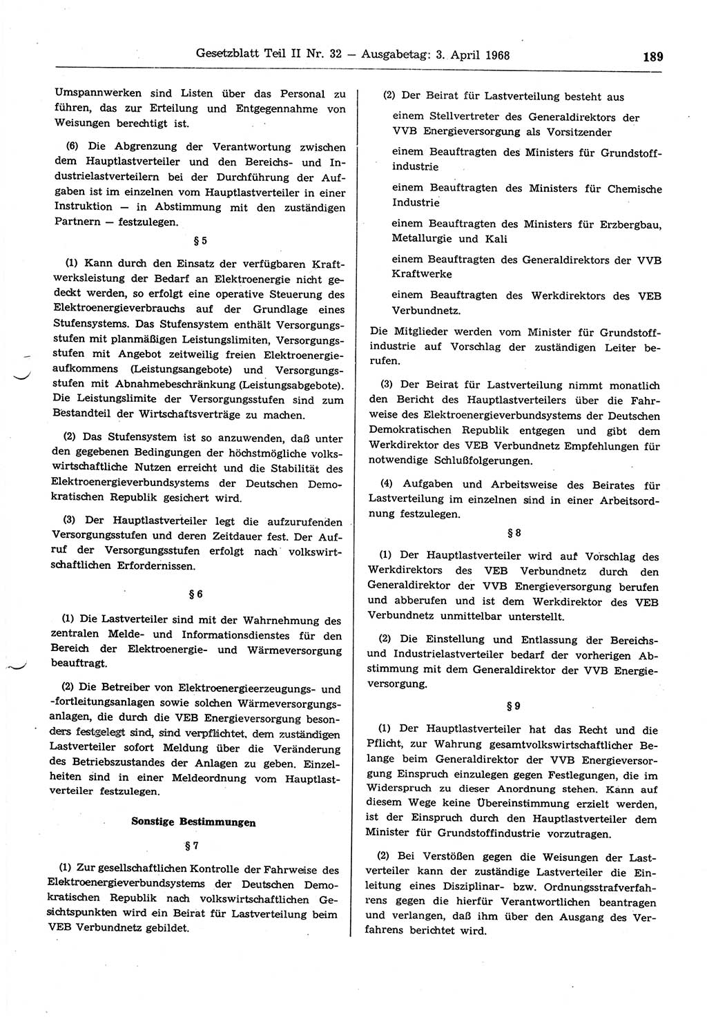Gesetzblatt (GBl.) der Deutschen Demokratischen Republik (DDR) Teil ⅠⅠ 1968, Seite 189 (GBl. DDR ⅠⅠ 1968, S. 189)