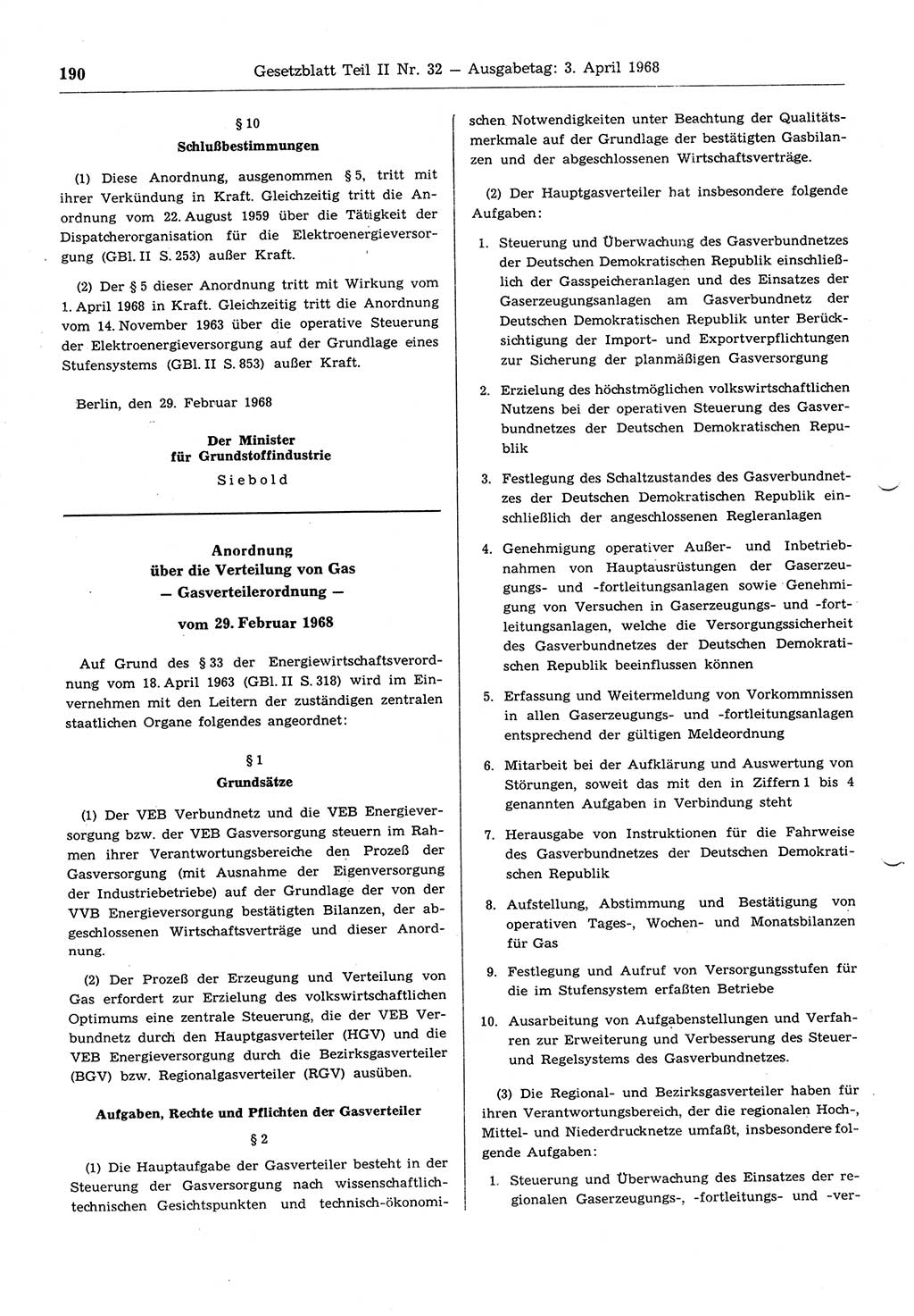 Gesetzblatt (GBl.) der Deutschen Demokratischen Republik (DDR) Teil ⅠⅠ 1968, Seite 190 (GBl. DDR ⅠⅠ 1968, S. 190)