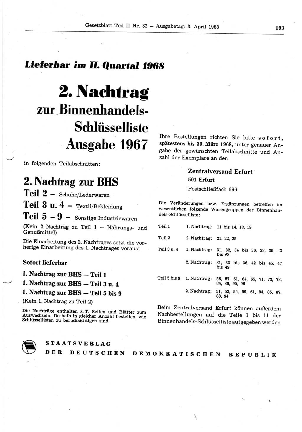 Gesetzblatt (GBl.) der Deutschen Demokratischen Republik (DDR) Teil ⅠⅠ 1968, Seite 193 (GBl. DDR ⅠⅠ 1968, S. 193)