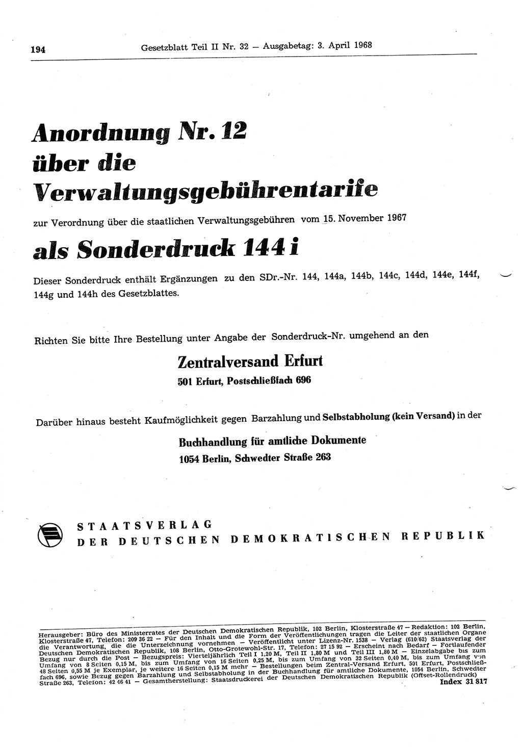 Gesetzblatt (GBl.) der Deutschen Demokratischen Republik (DDR) Teil ⅠⅠ 1968, Seite 194 (GBl. DDR ⅠⅠ 1968, S. 194)
