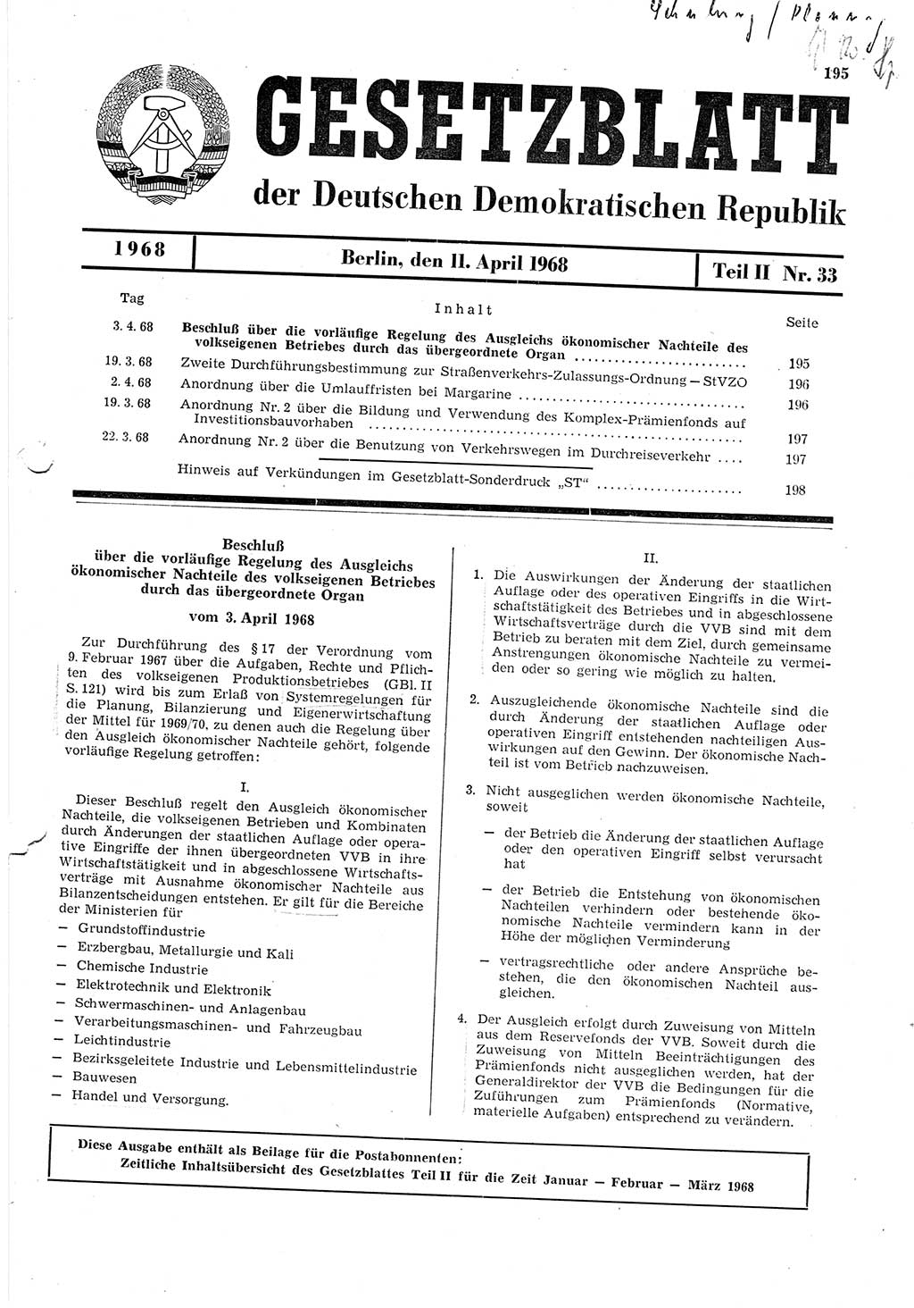 Gesetzblatt (GBl.) der Deutschen Demokratischen Republik (DDR) Teil ⅠⅠ 1968, Seite 195 (GBl. DDR ⅠⅠ 1968, S. 195)