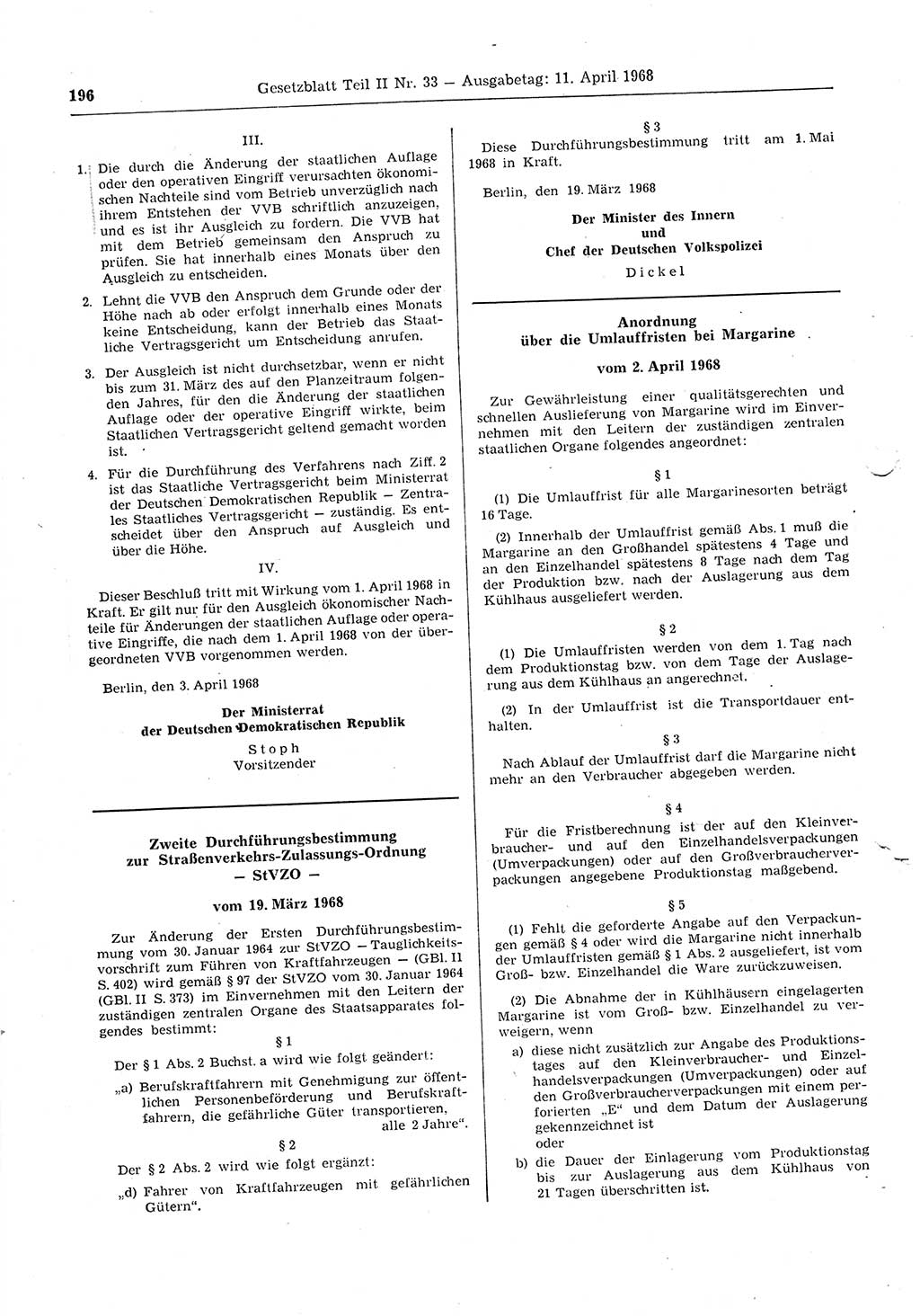 Gesetzblatt (GBl.) der Deutschen Demokratischen Republik (DDR) Teil ⅠⅠ 1968, Seite 196 (GBl. DDR ⅠⅠ 1968, S. 196)