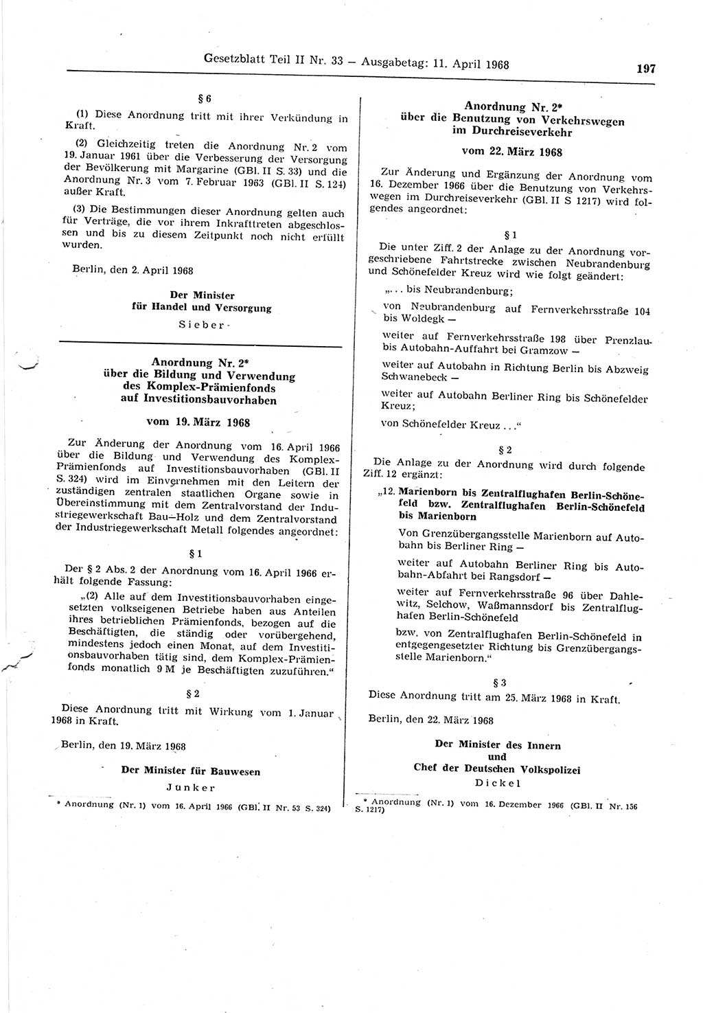 Gesetzblatt (GBl.) der Deutschen Demokratischen Republik (DDR) Teil ⅠⅠ 1968, Seite 197 (GBl. DDR ⅠⅠ 1968, S. 197)