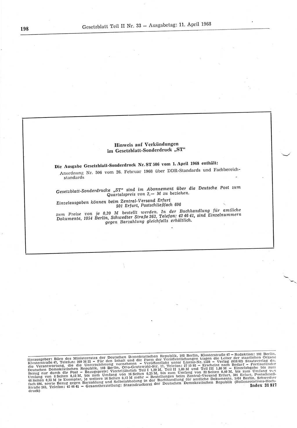 Gesetzblatt (GBl.) der Deutschen Demokratischen Republik (DDR) Teil ⅠⅠ 1968, Seite 198 (GBl. DDR ⅠⅠ 1968, S. 198)