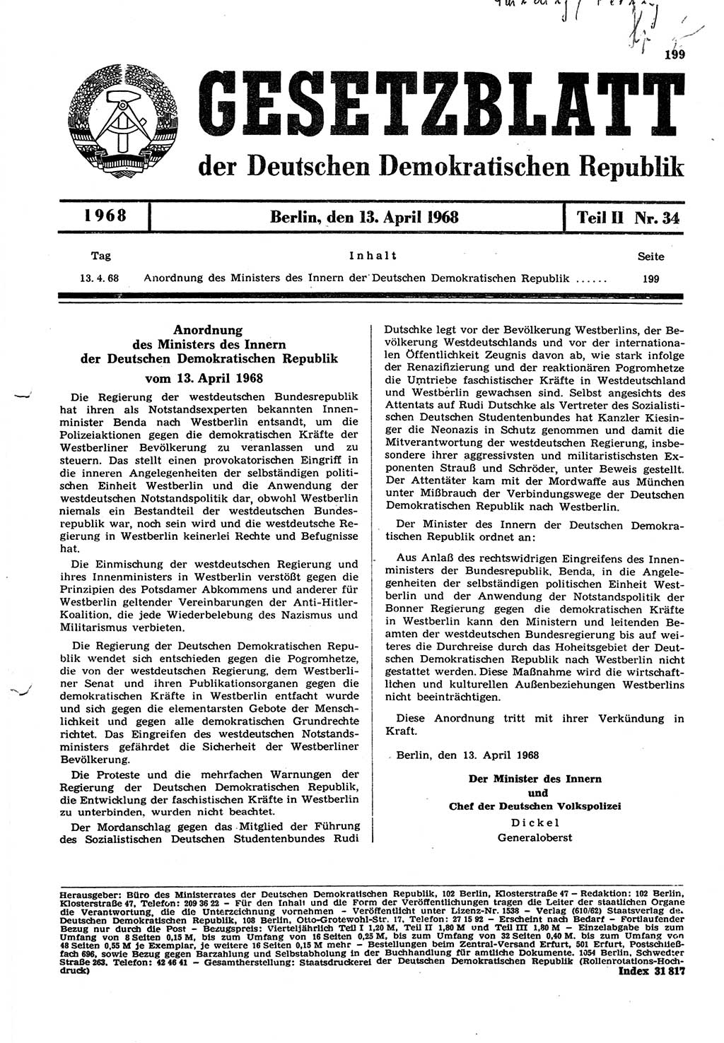 Gesetzblatt (GBl.) der Deutschen Demokratischen Republik (DDR) Teil ⅠⅠ 1968, Seite 199 (GBl. DDR ⅠⅠ 1968, S. 199)