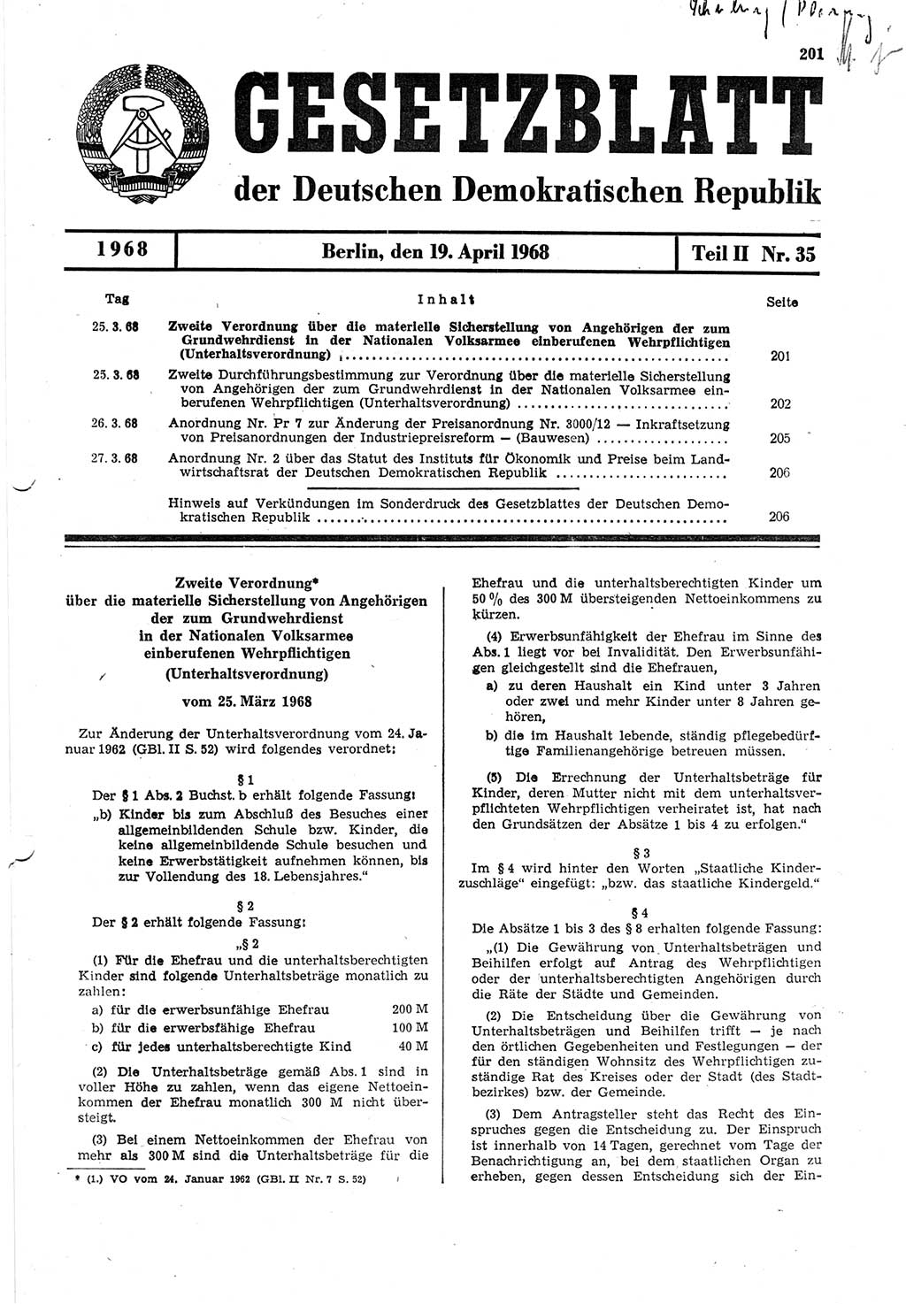 Gesetzblatt (GBl.) der Deutschen Demokratischen Republik (DDR) Teil ⅠⅠ 1968, Seite 201 (GBl. DDR ⅠⅠ 1968, S. 201)