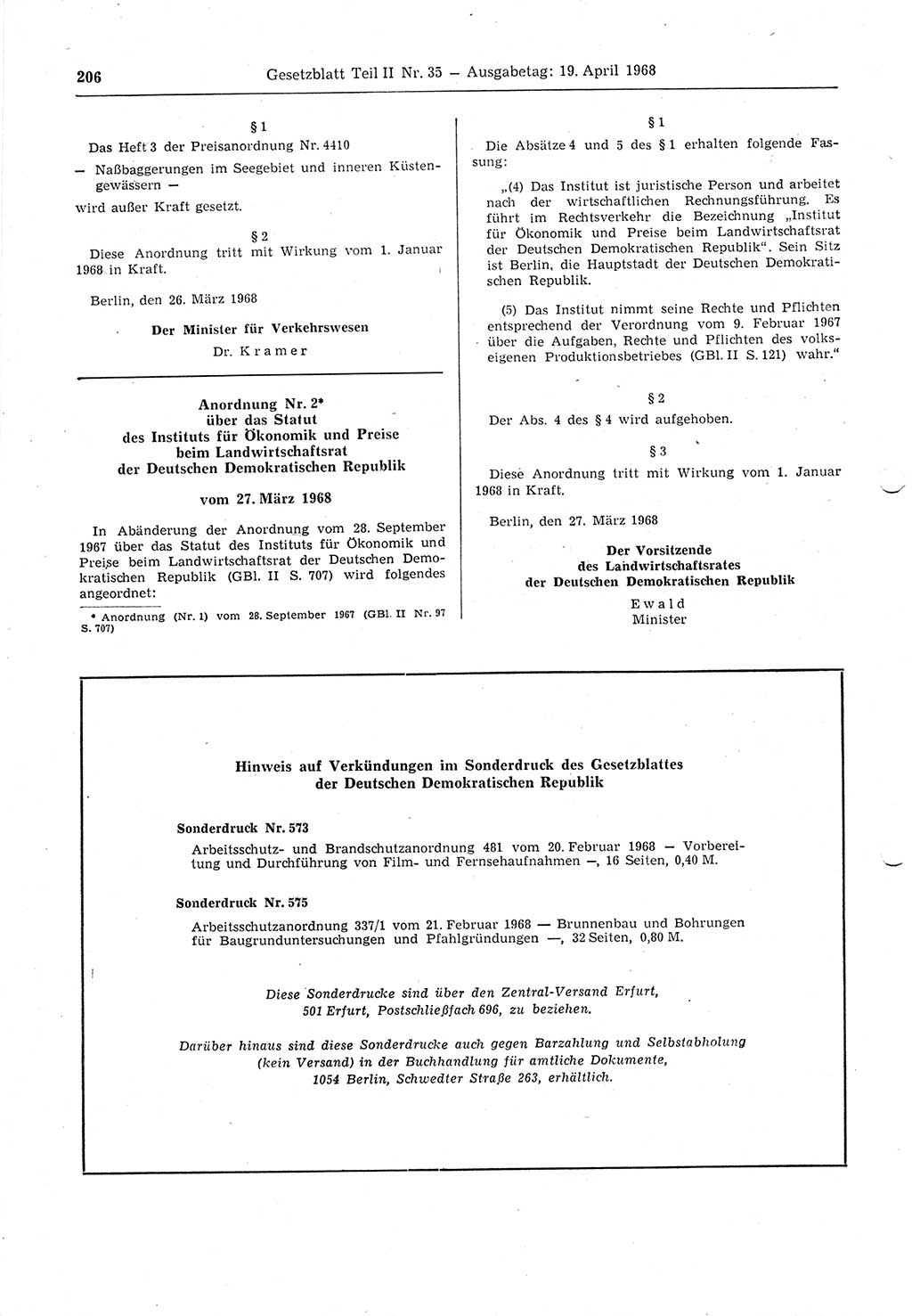 Gesetzblatt (GBl.) der Deutschen Demokratischen Republik (DDR) Teil ⅠⅠ 1968, Seite 206 (GBl. DDR ⅠⅠ 1968, S. 206)