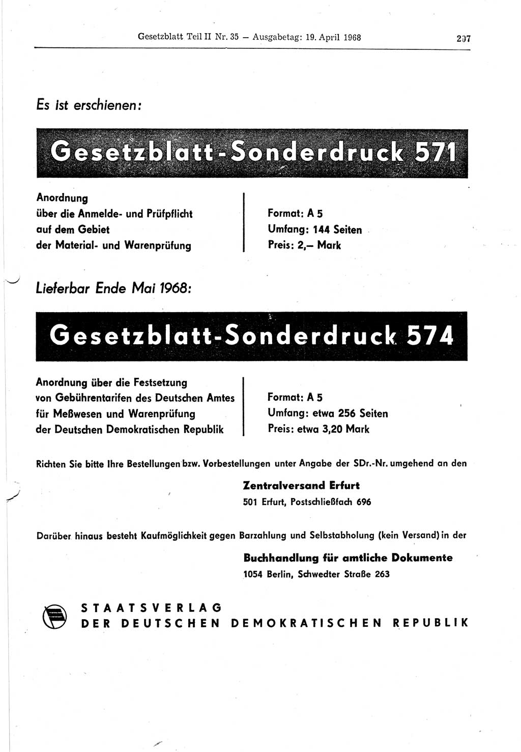 Gesetzblatt (GBl.) der Deutschen Demokratischen Republik (DDR) Teil ⅠⅠ 1968, Seite 207 (GBl. DDR ⅠⅠ 1968, S. 207)