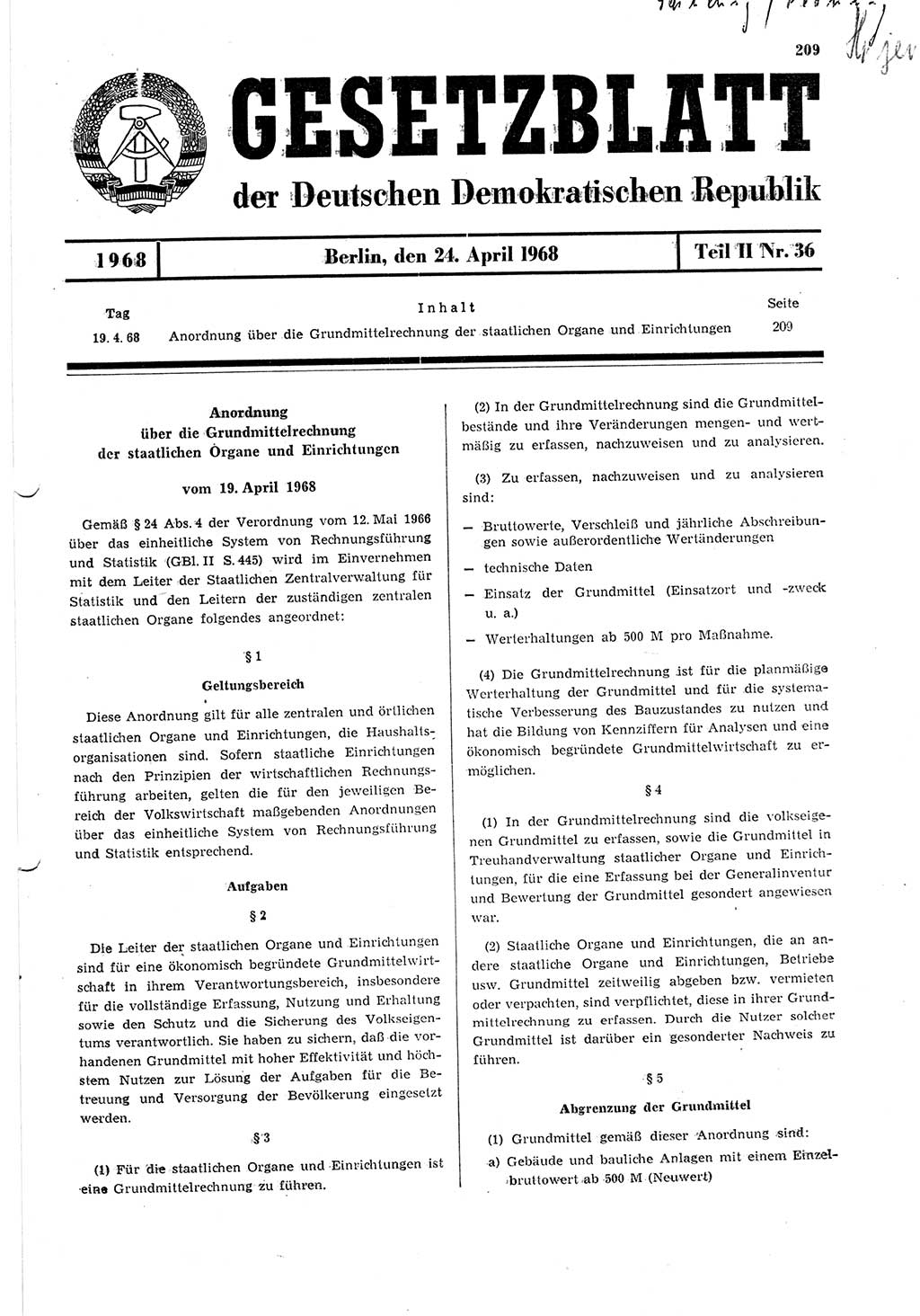 Gesetzblatt (GBl.) der Deutschen Demokratischen Republik (DDR) Teil ⅠⅠ 1968, Seite 209 (GBl. DDR ⅠⅠ 1968, S. 209)