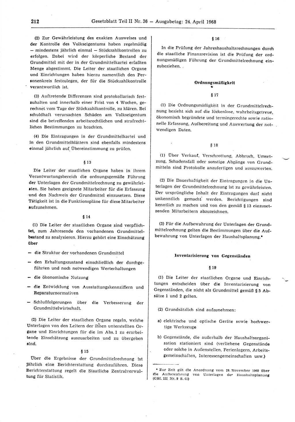 Gesetzblatt (GBl.) der Deutschen Demokratischen Republik (DDR) Teil ⅠⅠ 1968, Seite 212 (GBl. DDR ⅠⅠ 1968, S. 212)