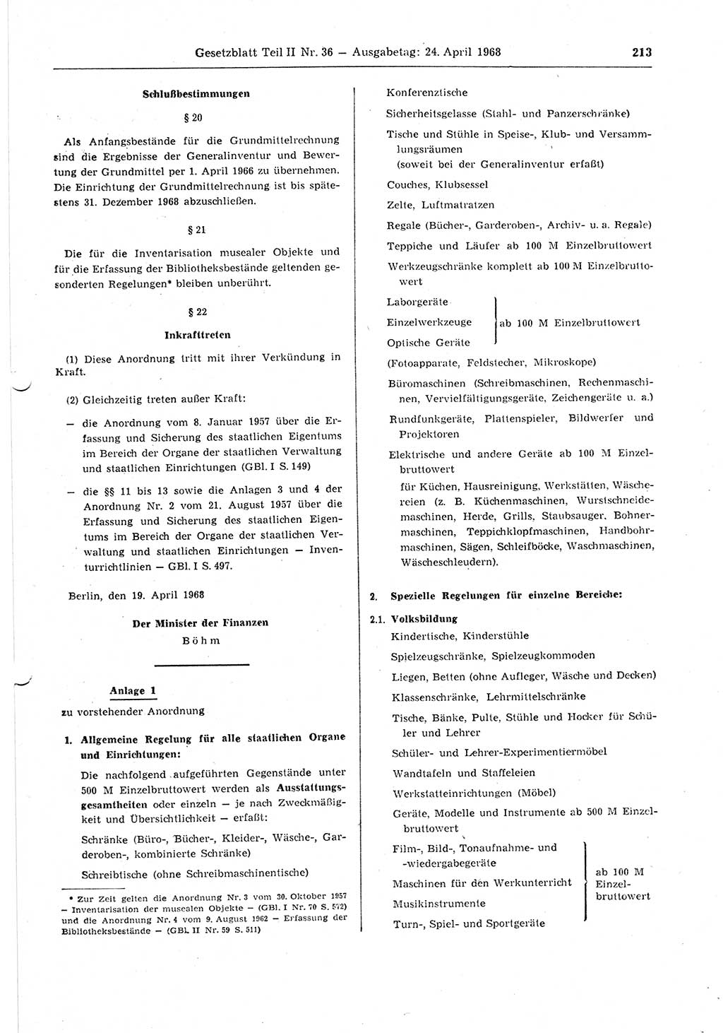 Gesetzblatt (GBl.) der Deutschen Demokratischen Republik (DDR) Teil ⅠⅠ 1968, Seite 213 (GBl. DDR ⅠⅠ 1968, S. 213)