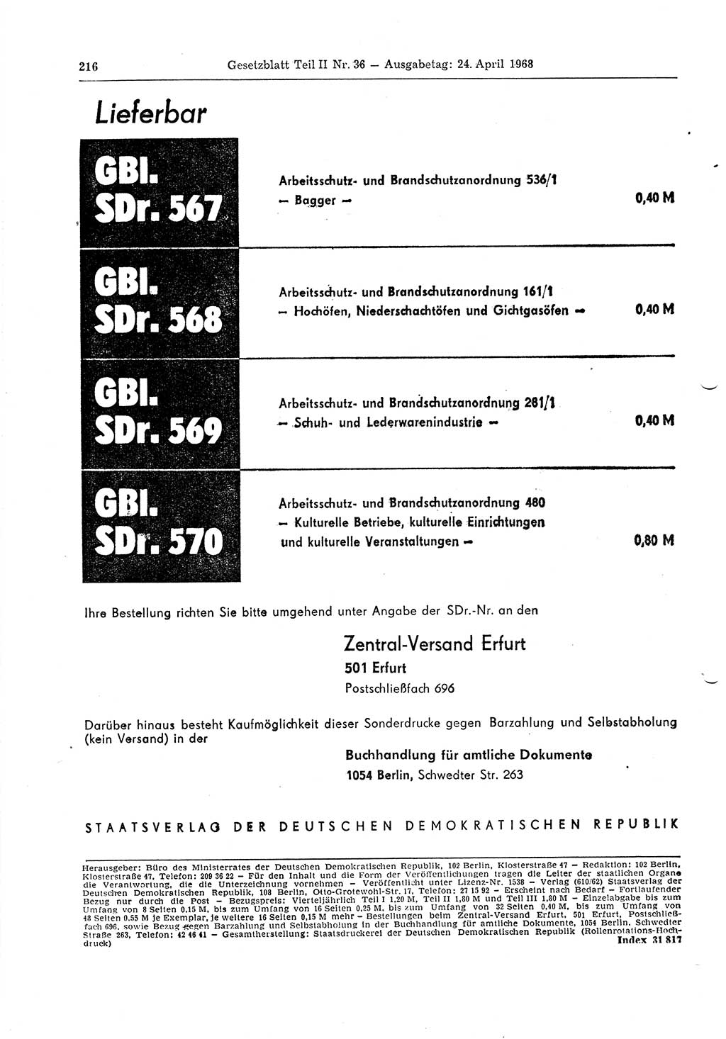 Gesetzblatt (GBl.) der Deutschen Demokratischen Republik (DDR) Teil ⅠⅠ 1968, Seite 216 (GBl. DDR ⅠⅠ 1968, S. 216)