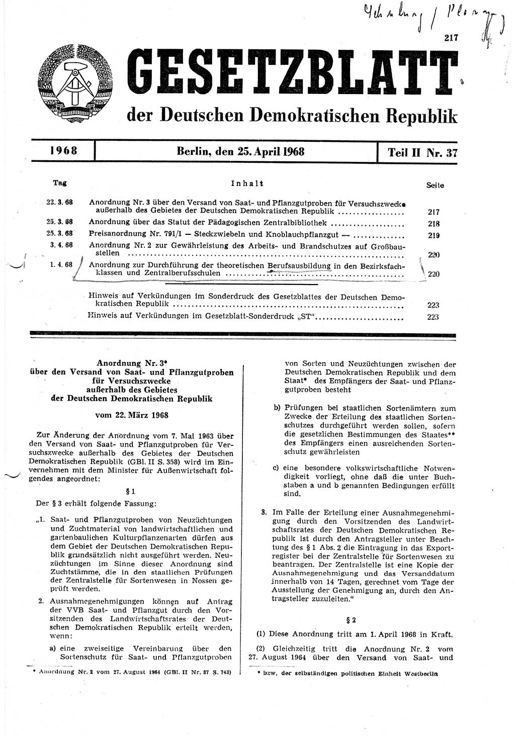 Gesetzblatt (GBl.) der Deutschen Demokratischen Republik (DDR) Teil ⅠⅠ 1968, Seite 217 (GBl. DDR ⅠⅠ 1968, S. 217)