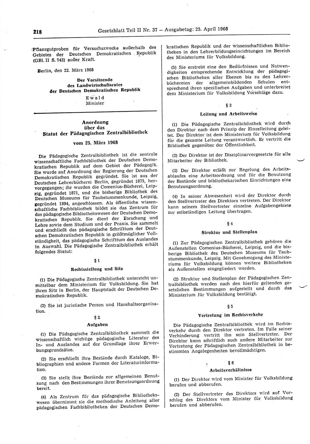 Gesetzblatt (GBl.) der Deutschen Demokratischen Republik (DDR) Teil ⅠⅠ 1968, Seite 218 (GBl. DDR ⅠⅠ 1968, S. 218)