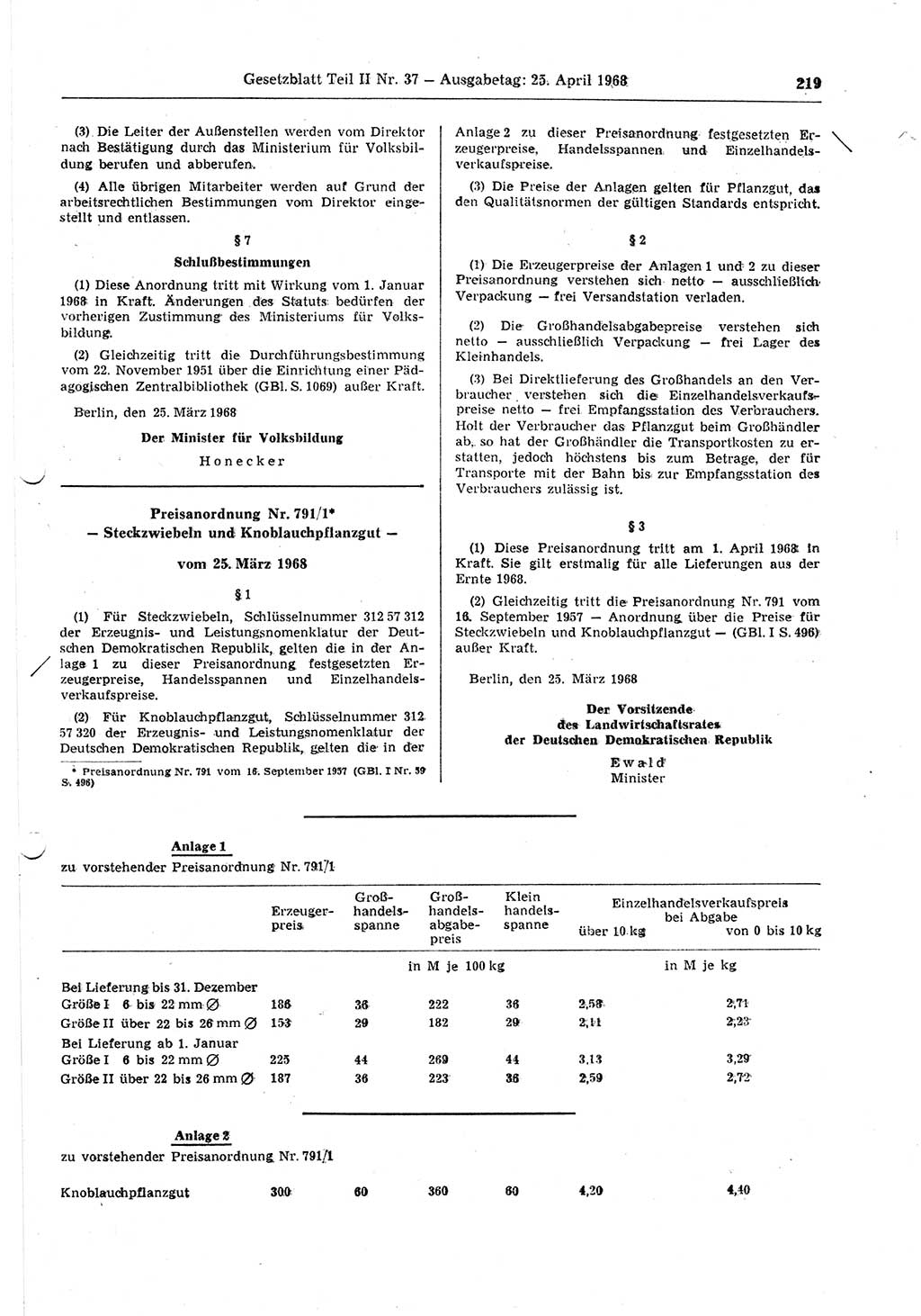 Gesetzblatt (GBl.) der Deutschen Demokratischen Republik (DDR) Teil ⅠⅠ 1968, Seite 219 (GBl. DDR ⅠⅠ 1968, S. 219)