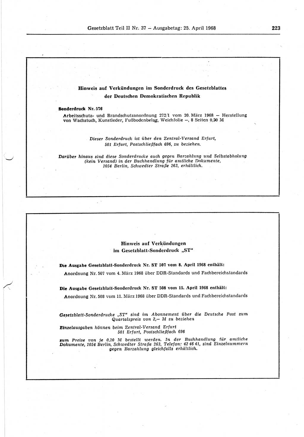 Gesetzblatt (GBl.) der Deutschen Demokratischen Republik (DDR) Teil ⅠⅠ 1968, Seite 223 (GBl. DDR ⅠⅠ 1968, S. 223)