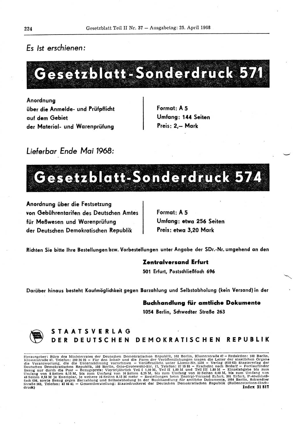 Gesetzblatt (GBl.) der Deutschen Demokratischen Republik (DDR) Teil ⅠⅠ 1968, Seite 224 (GBl. DDR ⅠⅠ 1968, S. 224)