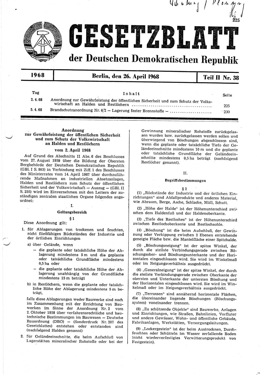 Gesetzblatt (GBl.) der Deutschen Demokratischen Republik (DDR) Teil ⅠⅠ 1968, Seite 225 (GBl. DDR ⅠⅠ 1968, S. 225)