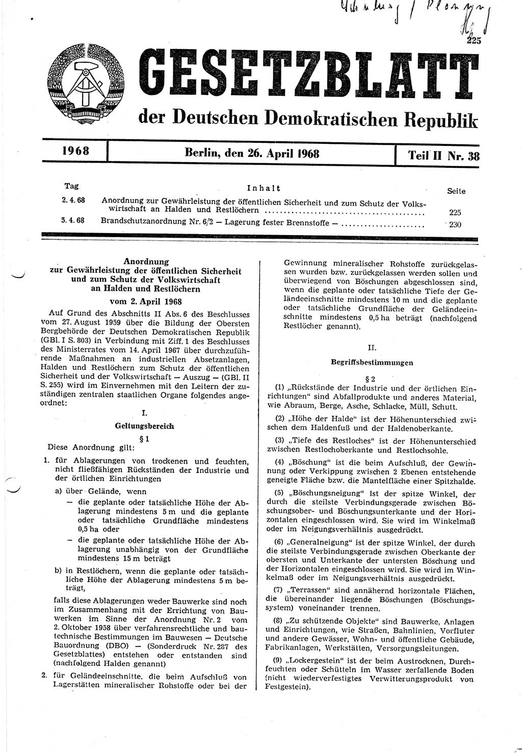 Gesetzblatt (GBl.) der Deutschen Demokratischen Republik (DDR) Teil ⅠⅠ 1968, Seite 225 (GBl. DDR ⅠⅠ 1968, S. 225)