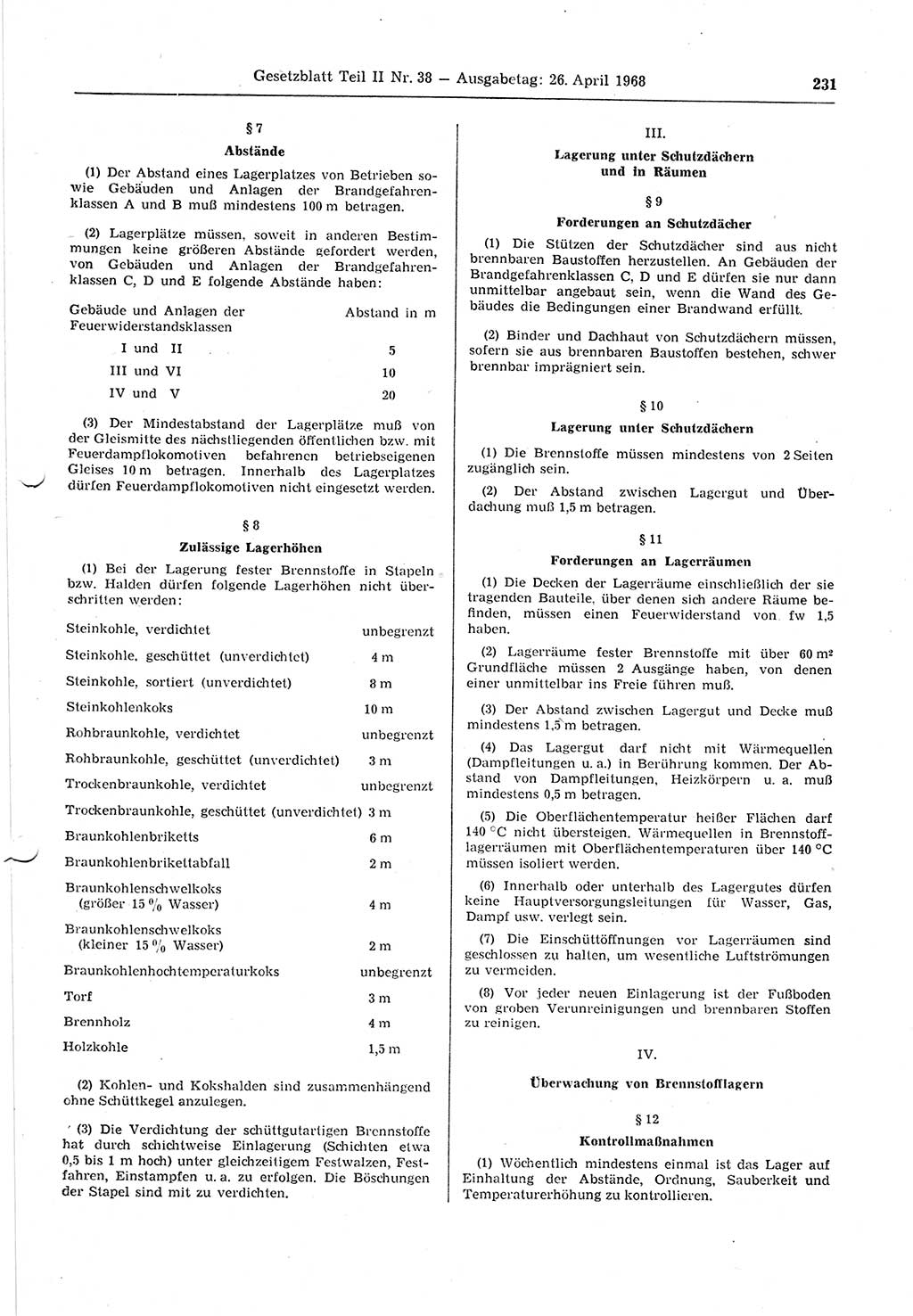 Gesetzblatt (GBl.) der Deutschen Demokratischen Republik (DDR) Teil ⅠⅠ 1968, Seite 231 (GBl. DDR ⅠⅠ 1968, S. 231)