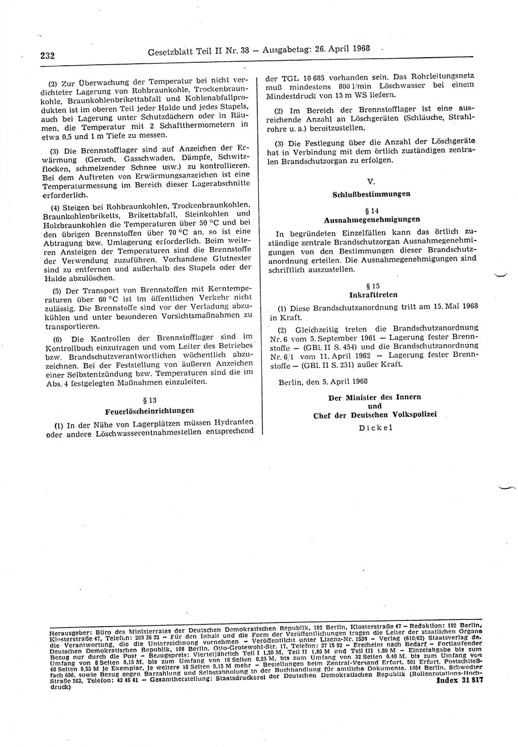 Gesetzblatt (GBl.) der Deutschen Demokratischen Republik (DDR) Teil ⅠⅠ 1968, Seite 232 (GBl. DDR ⅠⅠ 1968, S. 232)