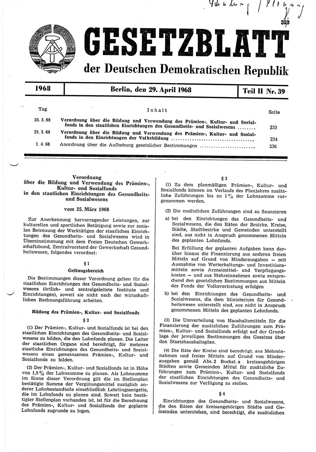 Gesetzblatt (GBl.) der Deutschen Demokratischen Republik (DDR) Teil ⅠⅠ 1968, Seite 233 (GBl. DDR ⅠⅠ 1968, S. 233)