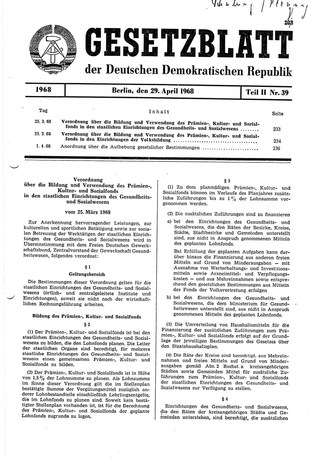 Gesetzblatt (GBl.) der Deutschen Demokratischen Republik (DDR) Teil ⅠⅠ 1968, Seite 233 (GBl. DDR ⅠⅠ 1968, S. 233)